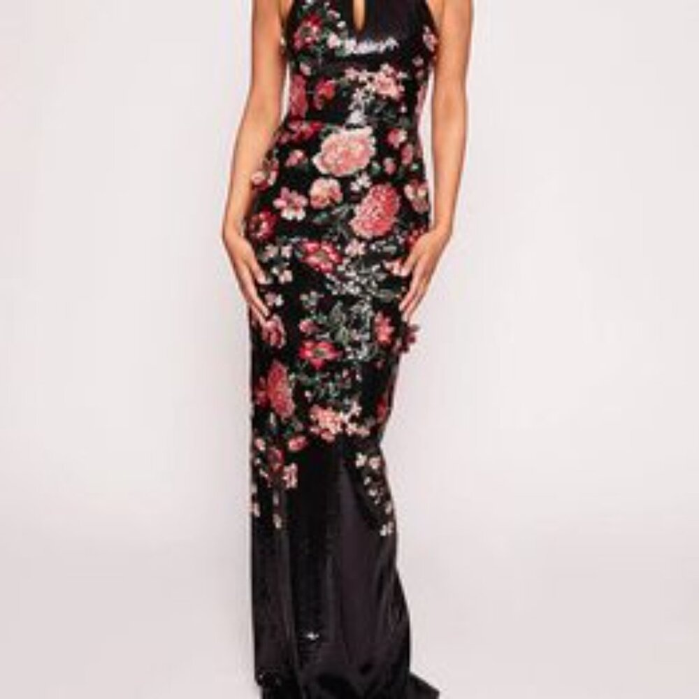 Marchesa Notte black sequin gown dress with 3D flowers -